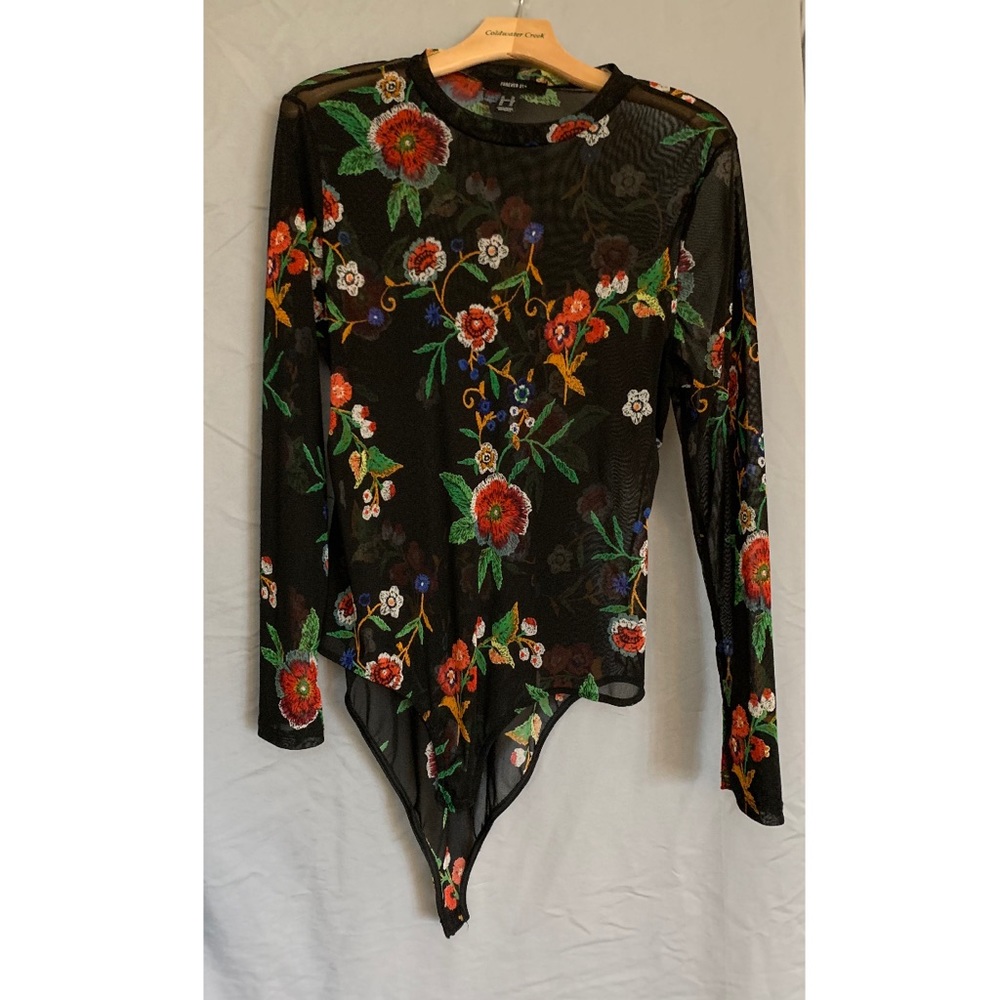 Forever 21+ Plus Size Black & Floral Mesh Bodysuit
